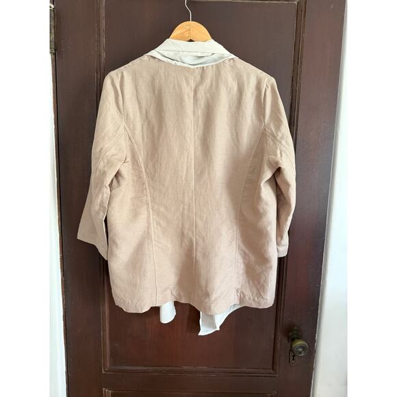 WINTERSILKS | Linen and Silk Tan and cream Drape Collar Overshirt Shacket Medium - Picture 7 of 9